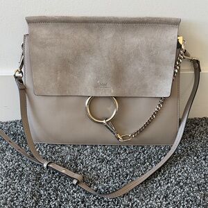 Taupe Leather and Suede Shoulder Bag